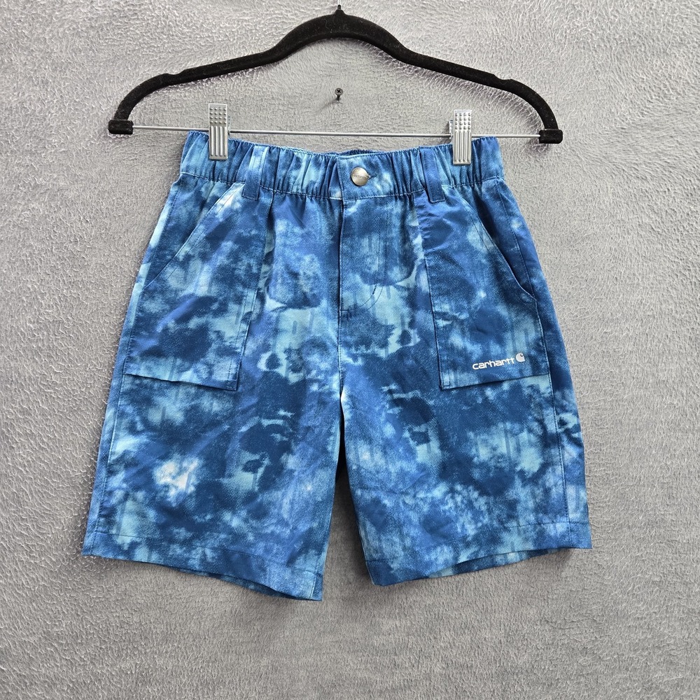 Carhartt Boys Shorts S (8-10) Blue Tie Dye BS8325-B‎ Logo Patch Pocket Button 6"